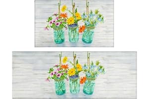 Xsinufn Floral Farmhouse Kitchen Rugs Set 2 Piece Colorful Spring/Summer Flowers Decorative Rugs for Kitchen Low-Profile Floor Mats Decorations for Home Kitchen (17"x48"+17"x30")