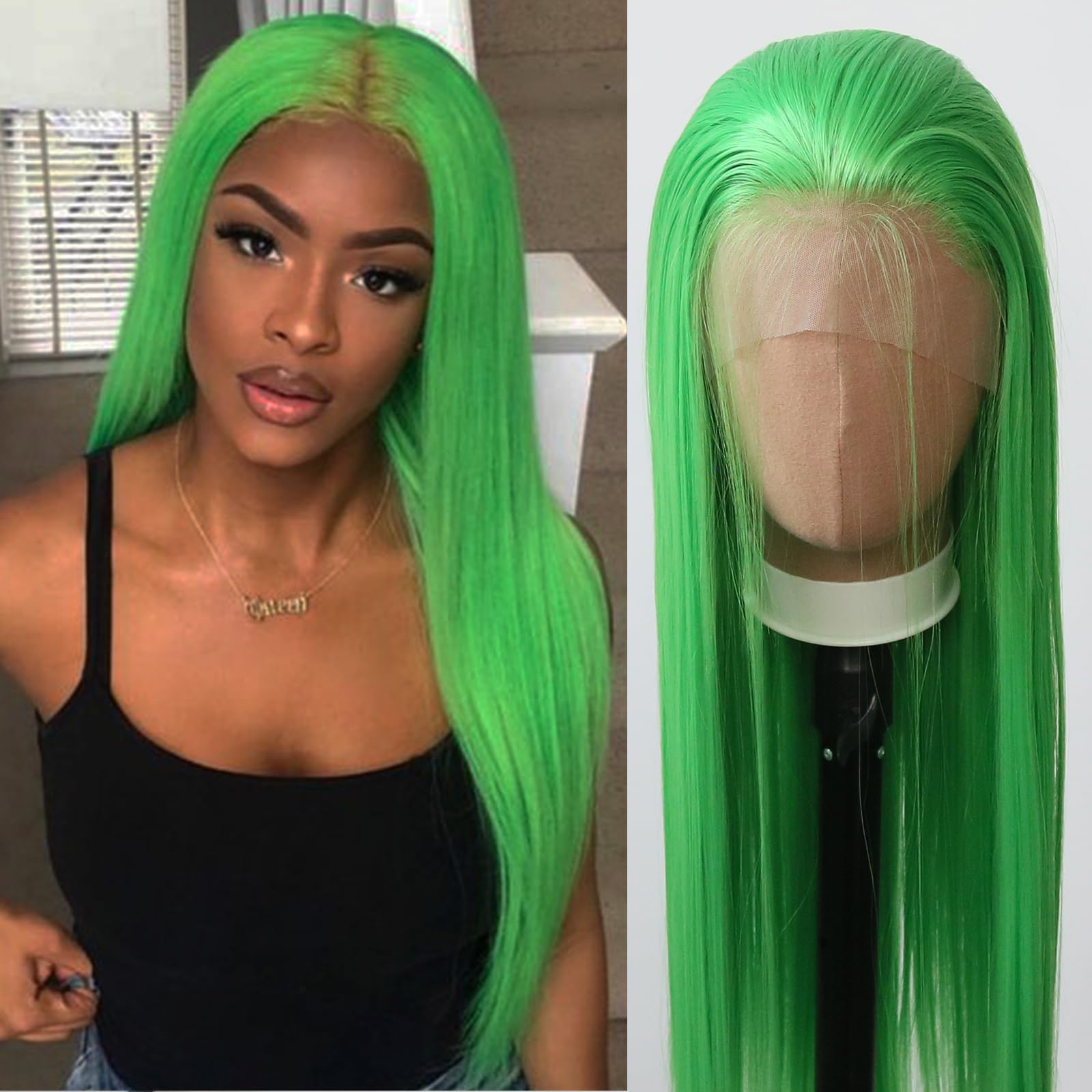 Towarm Lime Green Wig Long Straight Light Green Synthetic Lace Front Wigs for Black Women Glueless High Temperature Fiber 13x3inch Natural Hairline Cosplay Daily Wear (Fresh Green)