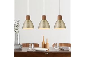 ELYONA Hammered Pendant Lights for Kitchen Island, 7” Solid Wood Vintage Metal Hanging Light Fixture Adjustable Height Antique Gold Pendant Lamp for Farmhouse, Dining Room, Brushed Brass, 3 Pack Small