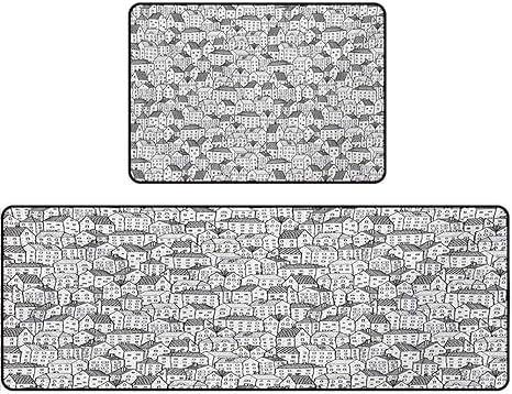 Alfombra de cocina, estilo boceto, dibujo de doodle, área urbana
