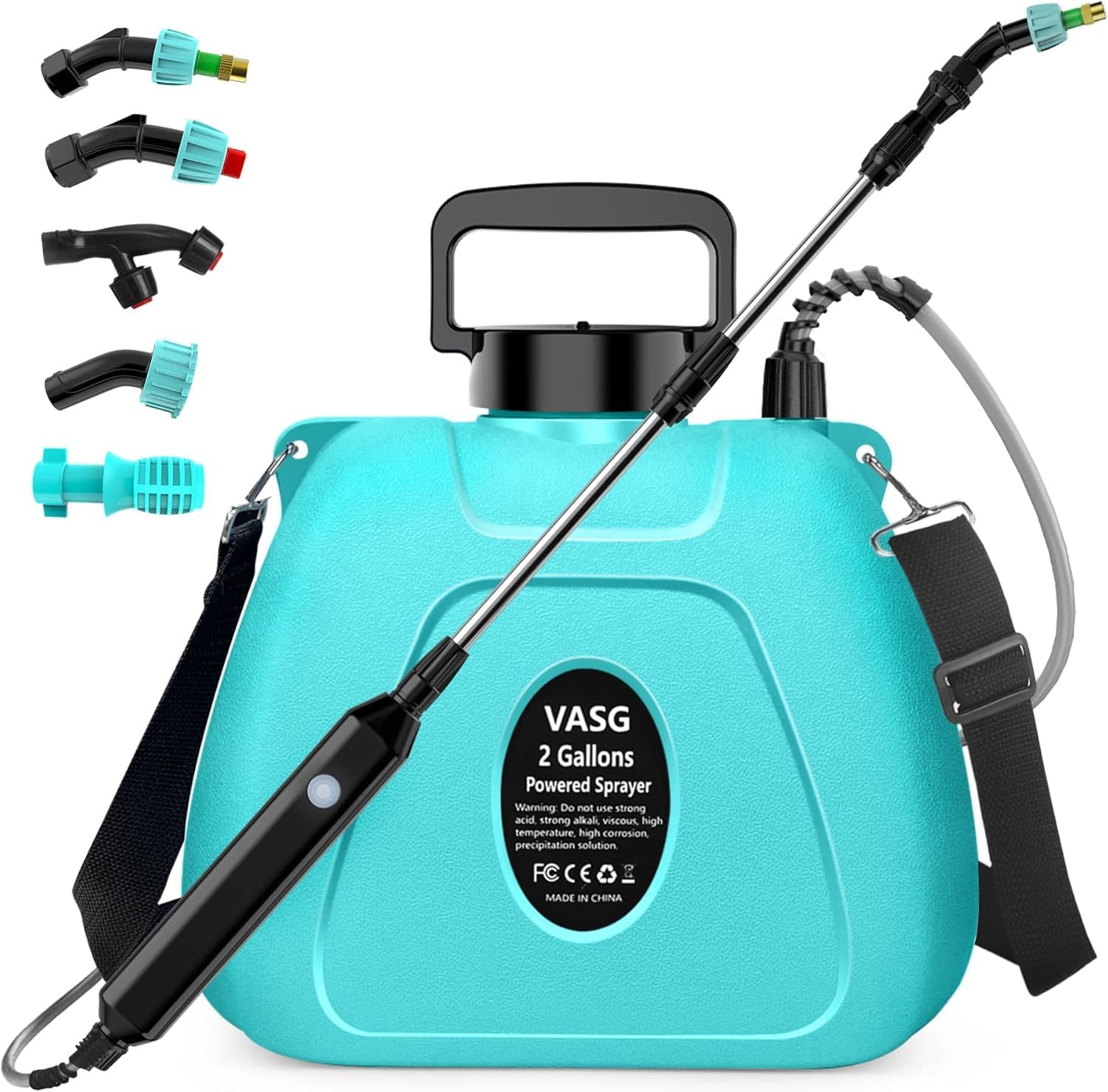 Photo 1 of 2 Gallon Battery Powered Garden Sprayer, Electric Sprayer, Weed Yard Lawn Sprayers with 5 Mist Nozzles & Retractable Wand & Adjustable Strap for Lawn, Garden, Yard (Teal)