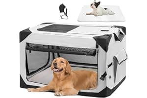 PETIMBER 42" Soft Collapsible Dog Crate, Portable Travel Dog Crate for Extra Large Dogs Indoor & Outdoor, 4-Door Foldable Dog Kennel with Safety Zippers, Mesh Windows, Soft Mat for Travel or Home Use