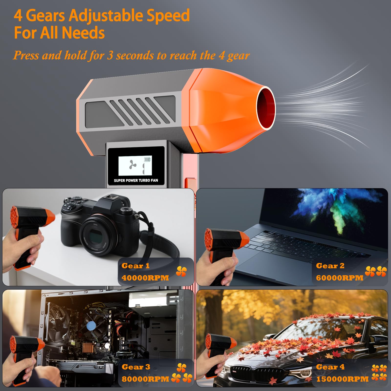 Electric Air Duster for PC, 150000RPM High Powered Dust Blower, 4 Gear Adjustable, Rechargeable, Portable Handheld Cordless Compressed Mini Air Blower for Computer, Keyboard, Car and Truck
