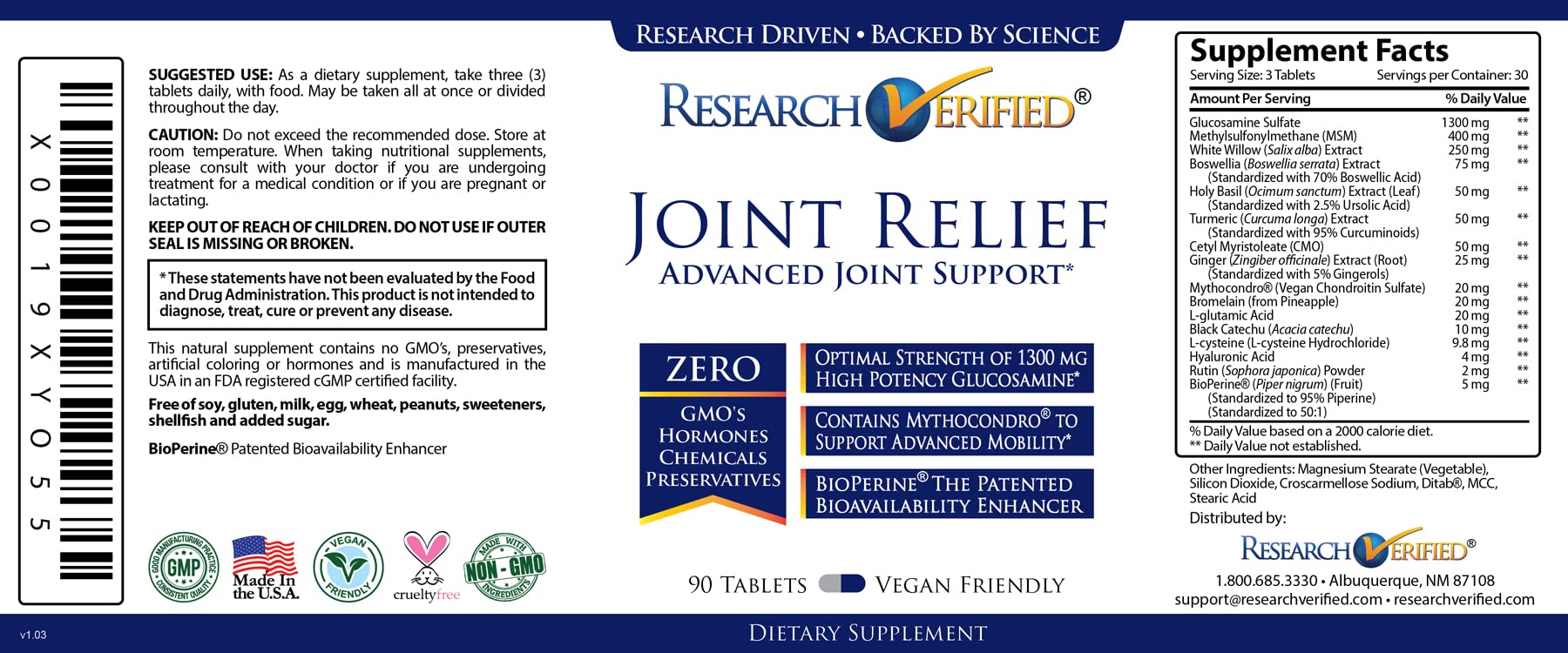Research Verified Joint Support - Glucosamine, MSM, Turmeric, Boswellia, BioPerine - Vegan - 90 Capsules - 1 Month Supply