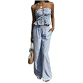 WDIRARA Women's Striped 2 Piece Pants Set Strapless Tie Bandeau Wide Leg Pants Outfits