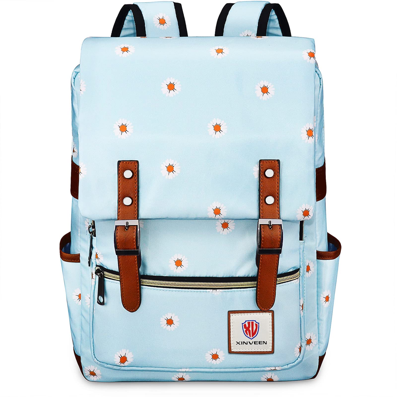 Xinveen Slim Vintage Laptop Backpack Flower College School Backpack Unisex Casual Travel Daypack for Women Men Daisy Blue