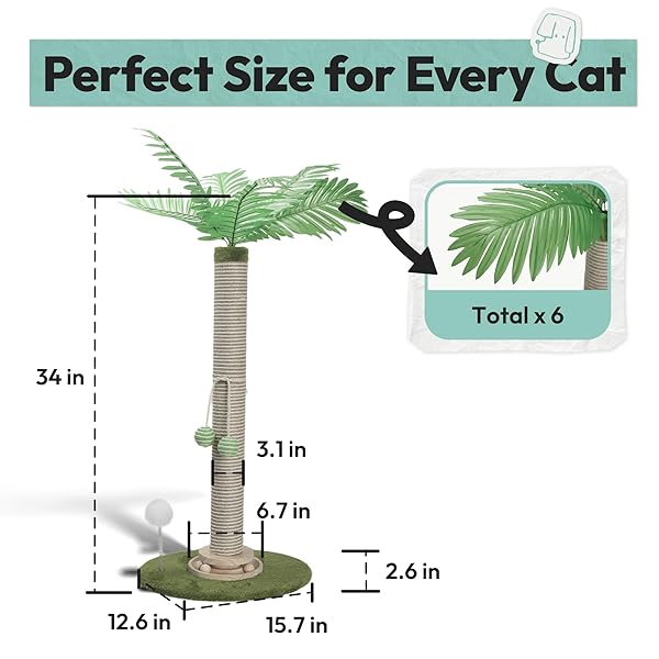 POMESEA CAT SCRATCHING POST 34 INCH WITH ROTATING TURNTABLE AND REMOVABLE HANGING BALL, CAT SCRATCHER FOR INDOOR CATS, ULTRA STABLE BASE, PAW-FRIENDLY JUTE MATERIAL, GREEN BASE
