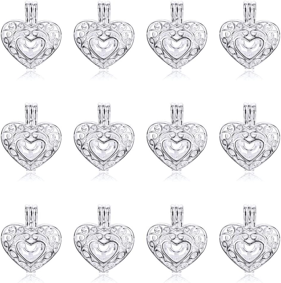 12pcs Silver Plated Pearl Bead Cage Heart Shape Hollow Locket Pendants Essential Oil Diffuser Necklace Bracelet DIY Charms Jewelry Making with Lava Stone