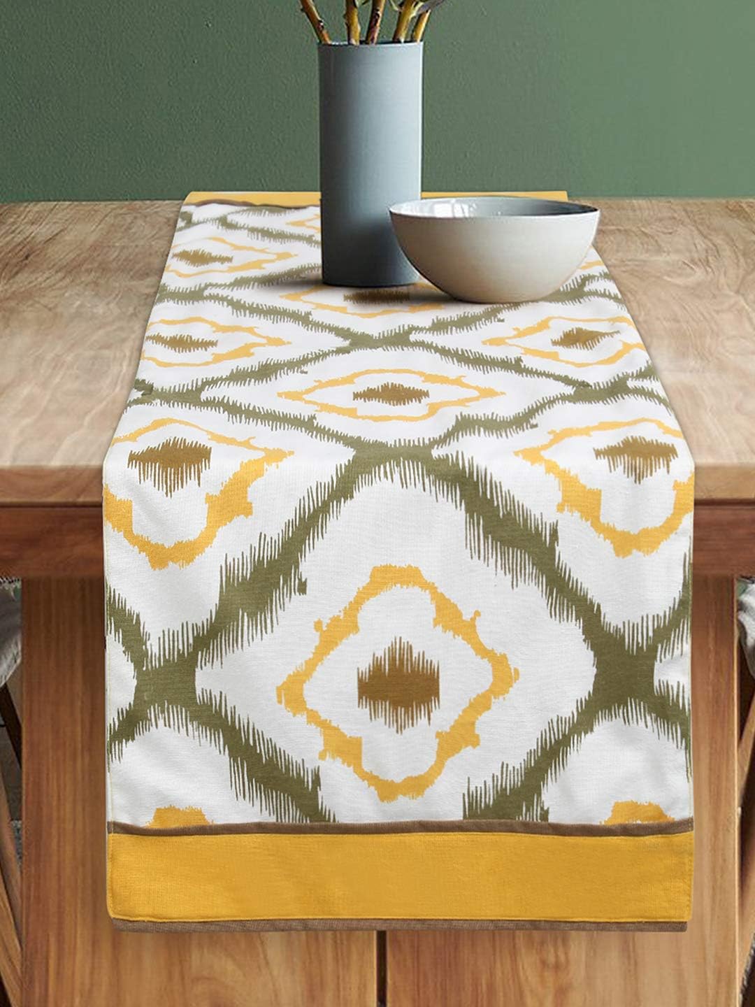 Dekor World 3 Ikat Printed Yellow Table Runner (33x180cm) (Pack of 1)-6 Seater Dinning & Center Table