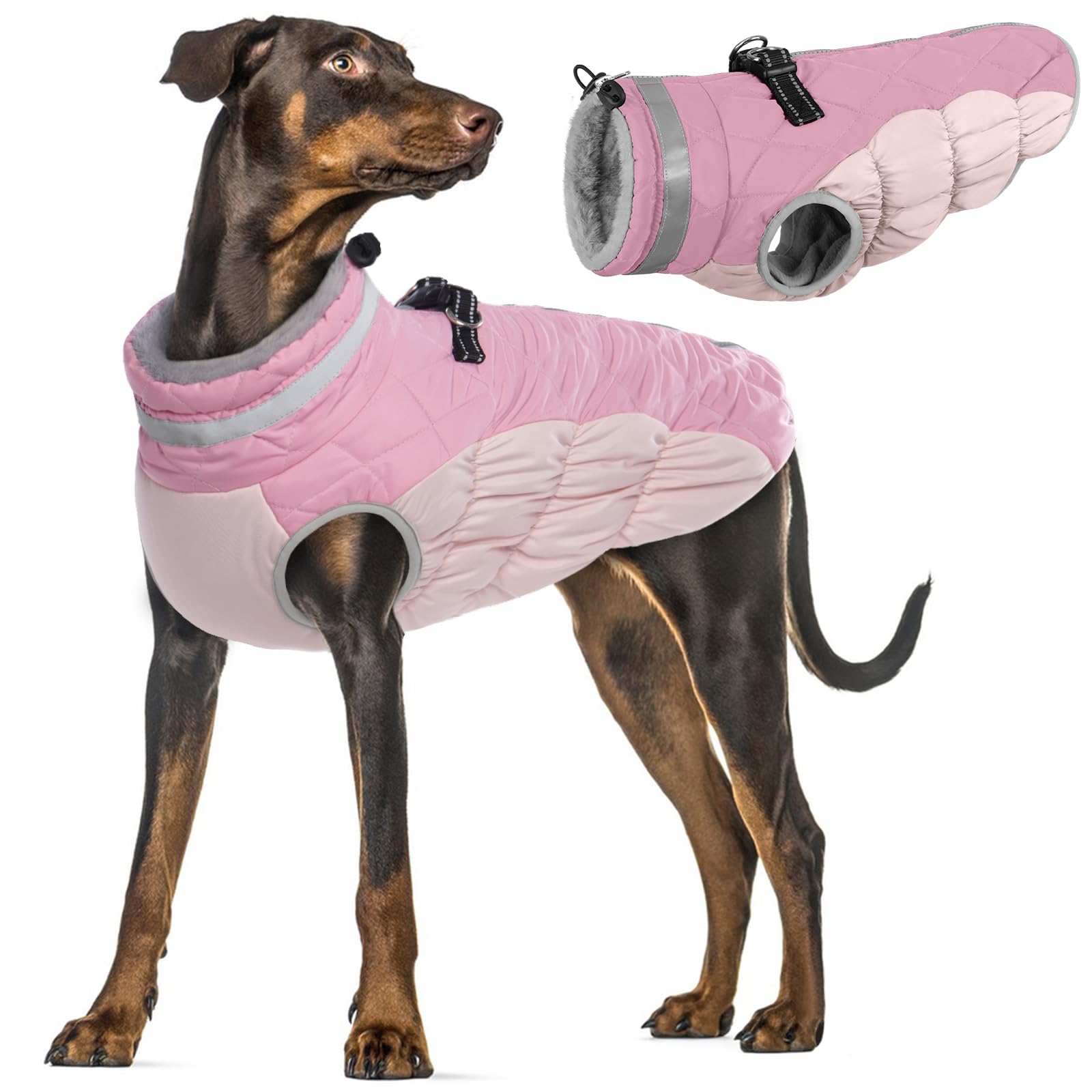 XXL Dog Coat, Waterproof Down Coat Puffer Jumper for Large Dogs Cold Weather Outdoor Reflective With Hole for Harness Keeps Pets Warm and Dry(Pink, 2XL)