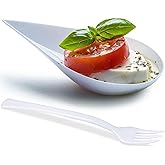 DLux 100 4-in Tear Drop Mini Appetizer Plates with Forks, Reusable White Plastic Spoons - Desserts and Appetizers Dishes Serv