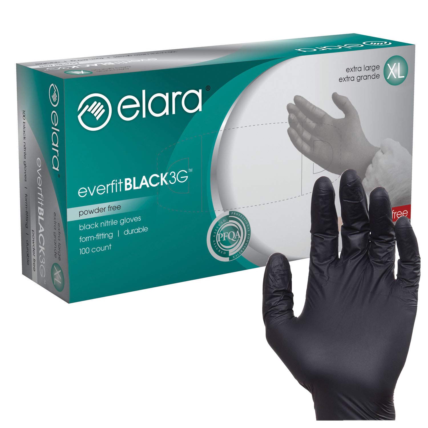 Elara FNE304BK EverfitBLACK3G Nitrile Disposable Gloves, 3 mil, Black, Powder Free, Food Safe, Non-Latex, Size X-Large, Box of 100 (FNE304BK-100)