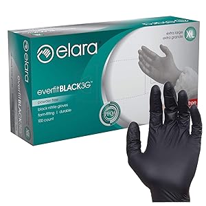 Elara FNE304BK EverfitBLACK3G Nitrile Disposable Gloves, 3 mil, Black, Powder Free, Food Safe, Non-Latex, Size X-Large, Box of 100 (FNE304BK-100)
