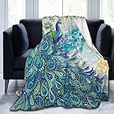 Peacock & Vintage Botanical Flannel Fleece Throw - Ultra Soft, Cozy, Warm & Lightweight Microfleece Blanket (50" x 40")
