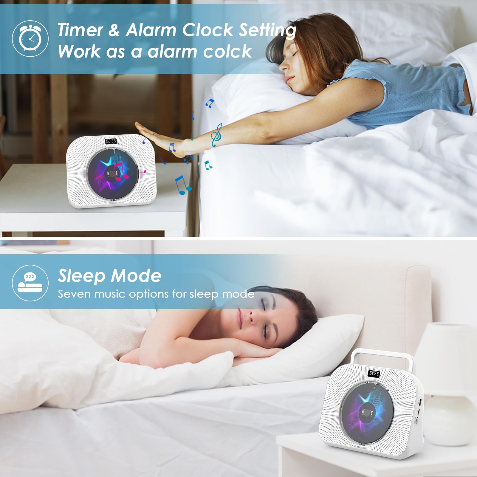 Gueray CD Players for Home Desktop CD Radio Player Speakers Portable CD Player with Bluetooth Timer Display Desktop Audio Boombox Support Sleep Music & Timer USB AUX TF Card Playback