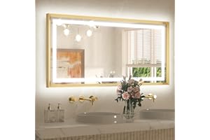 TETOTE 24" x 48" LED Bathroom Mirror Brushed Gold Aluminum Frame Frontlit & Backlit Vanity Mirror Anti-Fog Stepless Dimmable 