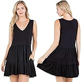 Azules Women’s Sleeveless Tiered V-Neck Dress – Soft Stretchy Flowy Babydoll Mini Swing Dress with Pockets