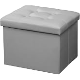 AmasSmile Ottoman with Storage,17" Folding Leather Foot Rest Chest,Grey | Storage Ottoman Foot Rest Stool,Thickened Foam Cushion,Living Room,Bedroom,Dorm,Load 300 lbs,Easy to install,17x13x13in