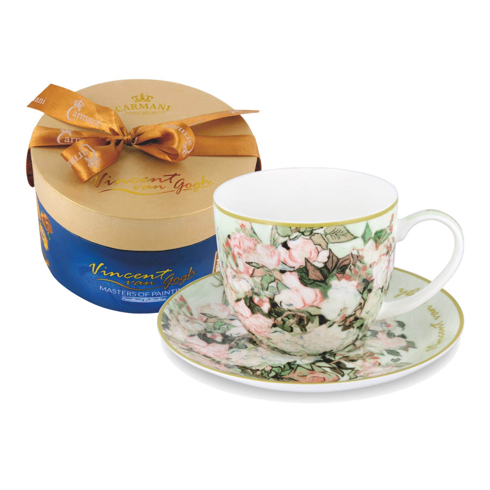 CARMANI - Porcelain Cup and Saucer Set with Van Gogh - Vase with Roses 250 ml