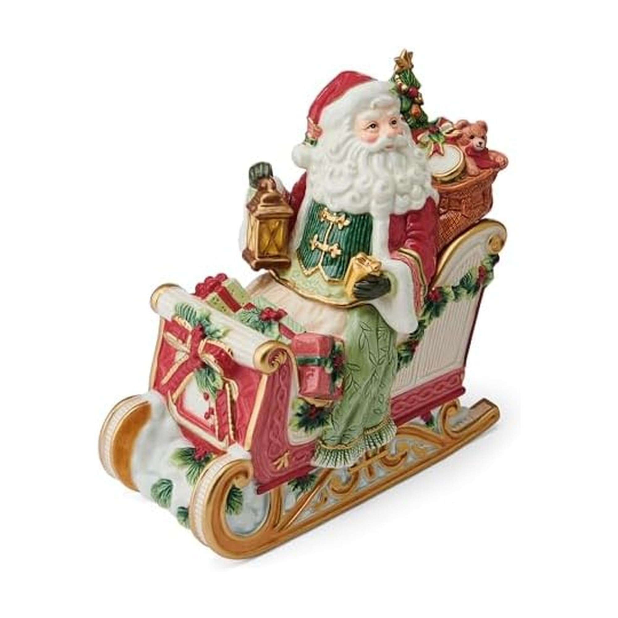Fitz and Floyd Santa Crimson Holiday Ceramic Cookie Jar, Christmas Treat Kitchen Countertop Storage Jar with Removable Lid, 10 Inch