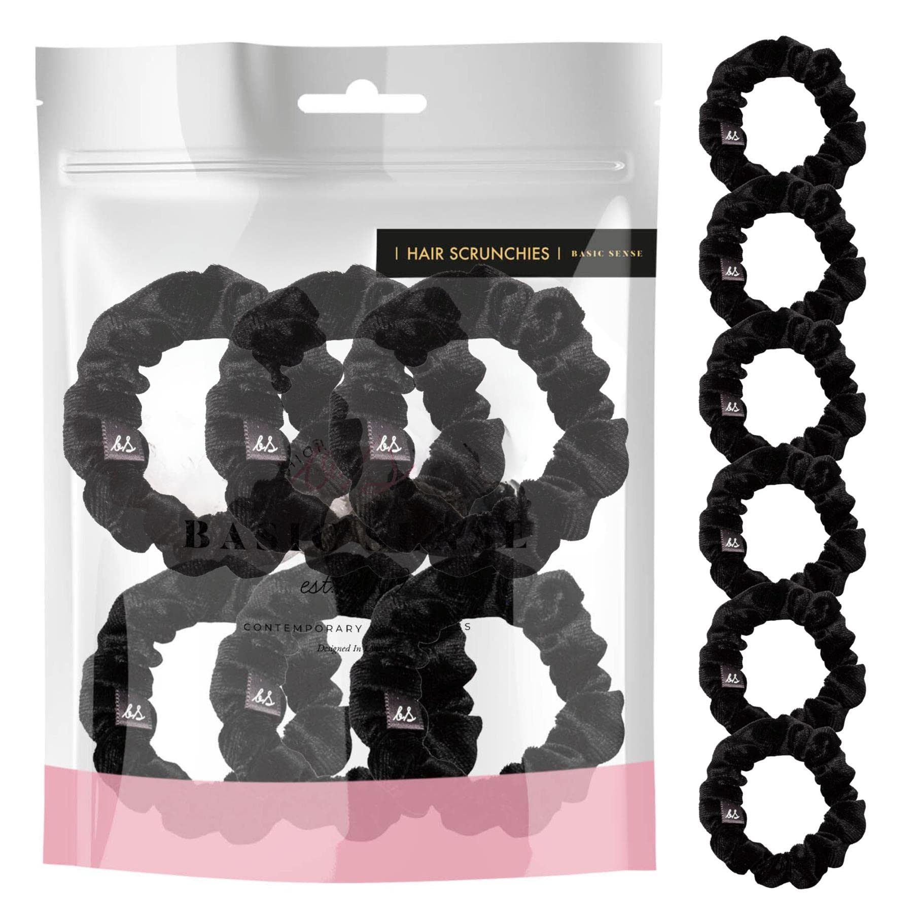 Basic Sense Velvet Skinny Scrunchie, Durable Small Hair Ties, Elastic Scrunchies, Ponytail Holder, Scrunchy for Women Girls, Black