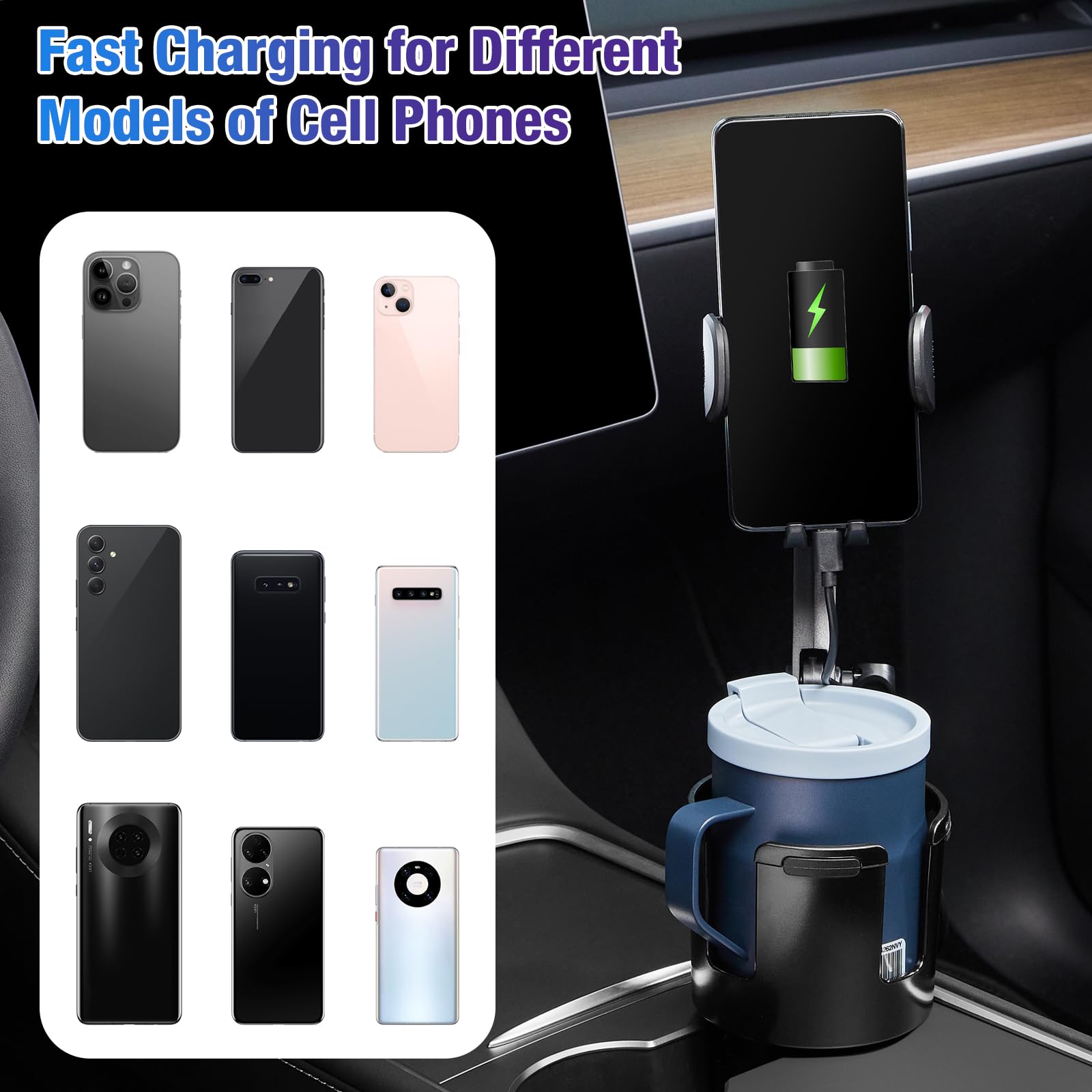 This Hill Cup Holder Phone Charger, 15W Fast Charging Auto Clamping, Phone Holder for Cup Holder Charger with Adjustable Base & 360° Rotation Compatible for All Smartphones(with Car Adapter)