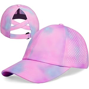 Girls Criss Cross Ponytail Baseball Cap Reflective Quick Dry Hat Kids Cooling Mesh Outdoor Sports Hat for Age 3-12