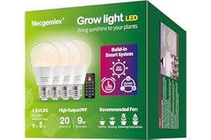 Necgemlex Smart LED Grow Light Bulbs with Remote Controller, Sun Simulation Mode, Built-in Auto Timer, A21/A70 E26/E27 9W Dimmable Full Spectrum Intelligent Plant Grow Bulbs for Indoor Plants, 4 Pack