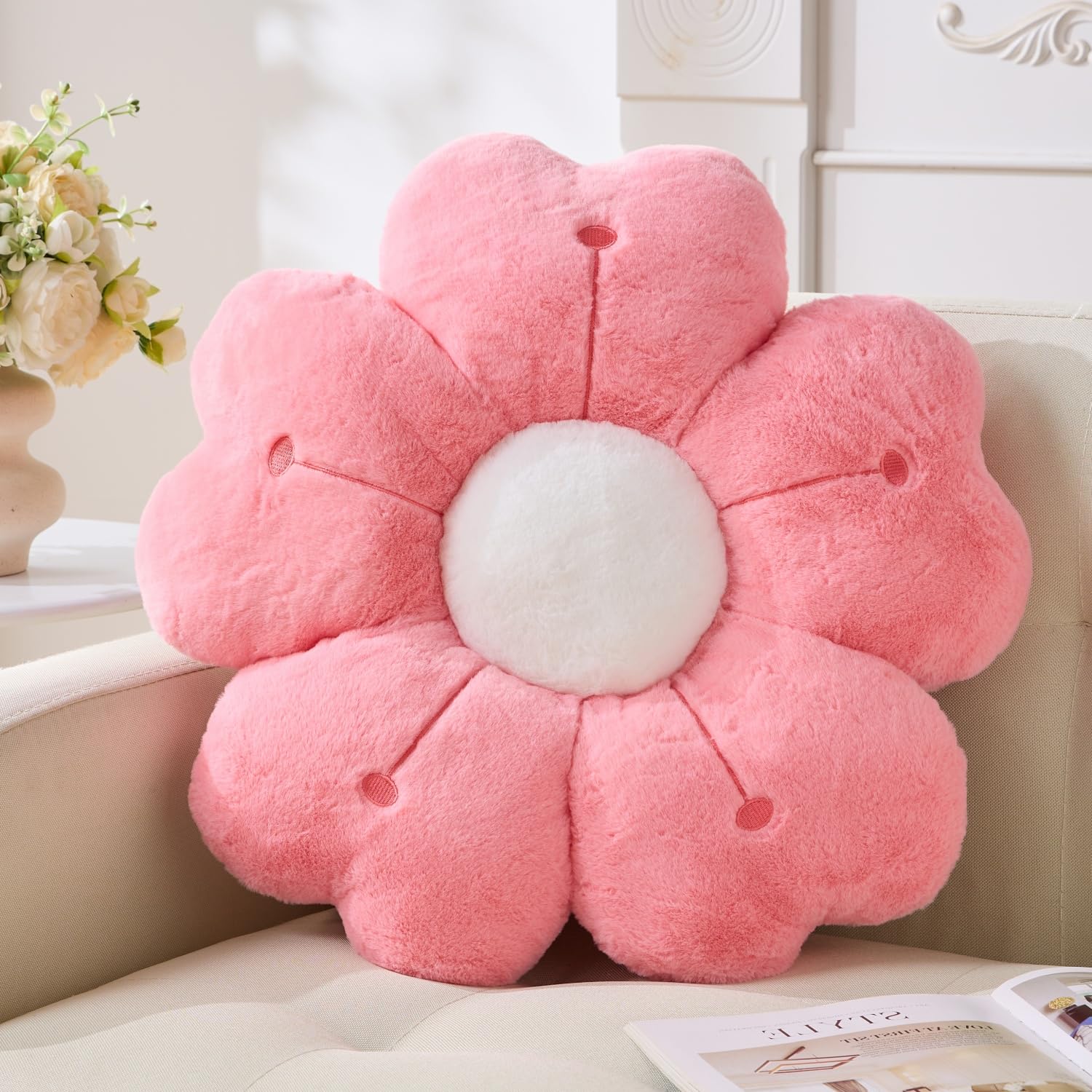 Pink Flower Pillow, Cute Daisy Pillow Flower Shaped Decorative Cushion 19.6In for Home Bedroom Sofa Chair Couch Decor