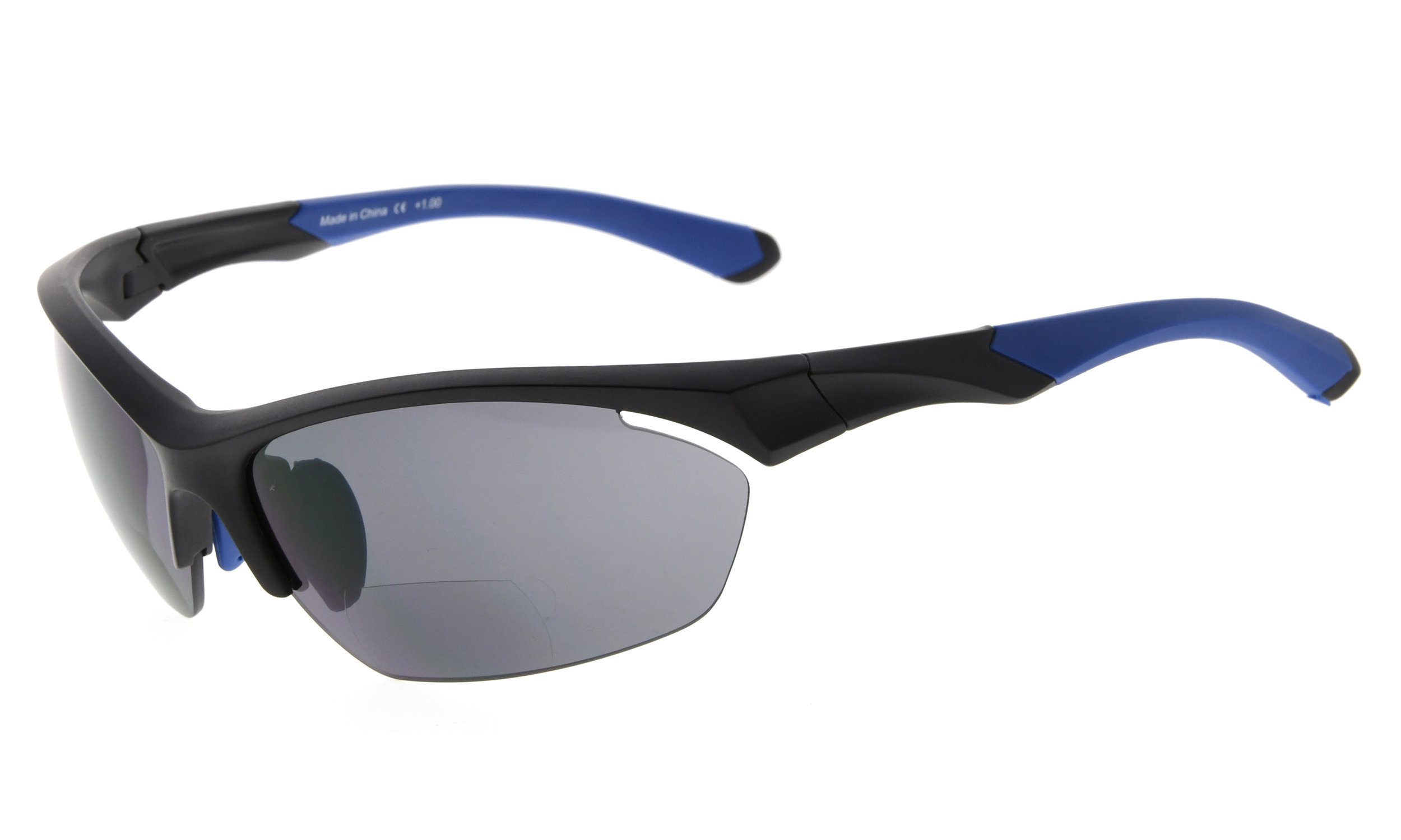 Eyekepper TR90 Sports Bifocal Sunglasses Baseball Running Fishing Driving Golf Softball Hiking Half-Rimless Reading Glasses (Black Frame Blue Temple, 1.50)