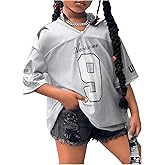 RoseSeek Girl's Oversized T Shirts Letter Number Mesh Jersey Tops Short Sleeve V Neck Drop Shoulder Tees