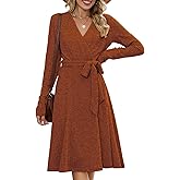 ZAFUL Women's 2025 Casual V Neck Long Sleeve Sweater Dress Wrap Ribbed Knit Pleated Midi Dresses with Belt