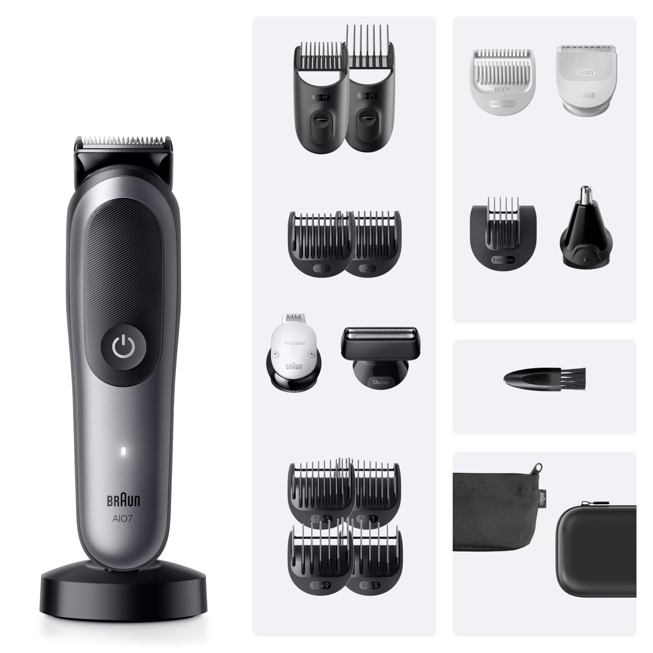 Braun All-in-One Series 7, 18-in-1 Multigroom, Barttrimmer, Nasenhaartrimmer, Haarschneidemaschine für Gesicht, Kopf und Körper, 120 Min Akku, 14 Längen (0.1–21 mm), Wasserdicht, AIO7585, Grau 7
