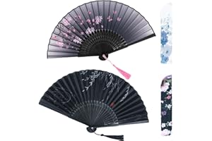 AWESEA 2 Pcs Hand Fans for Women Foldable, Paper Fans Handheld, Chinese Fan & Japanese Fan for Party, Bamboo Silk Folding Hand Fan for Wedding & Home Decoration