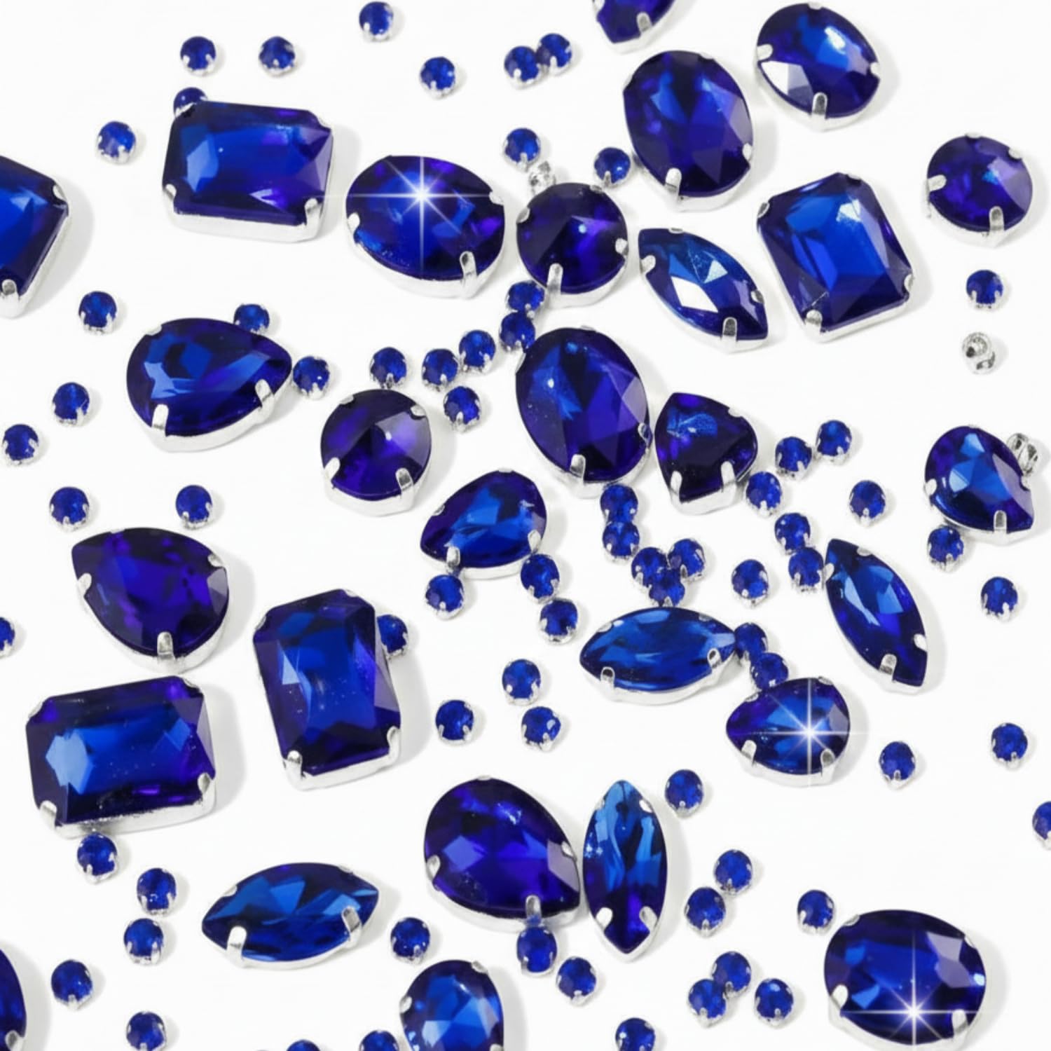 156 Glass Rhinestones for Sewing, Transparent, Metal Claw Frame, Flatback Rhinestone Crystals for Sewing, Mixed Shapes for Crafts, Clothes (Royal Blue)
