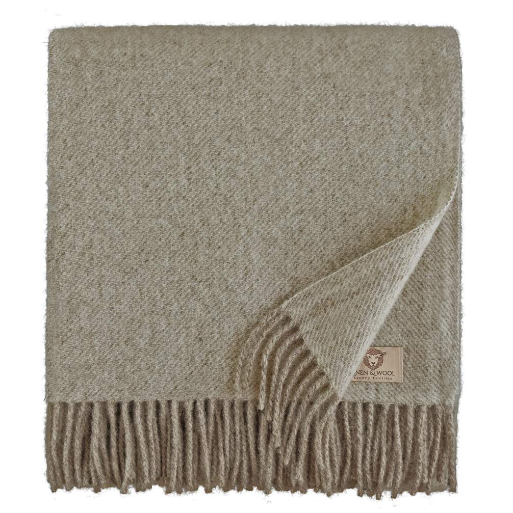 Linen & Cotton Soft Thick Wool Throw/Blanket Columbus - 100% Pure New Zealand Wool, Brown/Natural (140 x 200cm) Travel/Warm Plaid for Sofa Bed Couch Settee Bedspread Single Double Lambswool
