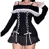 Y2k Off The Shoulder Sweater for Women Lolita Cute Bow Front Lace Trim Knit Pullover Kawaii Long Sleeve Jumper Tops