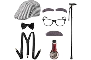 Antbutler Old Man Costume Accessories for Men Kids, 100 Year Old Costume Boys Grandpa Costume with Hat Mustache Glasses Set