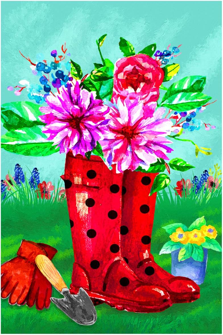 Texupday Colorful Blooms Red Boots Spring Garden Flag Grassland Outdoor Yard Flag 12