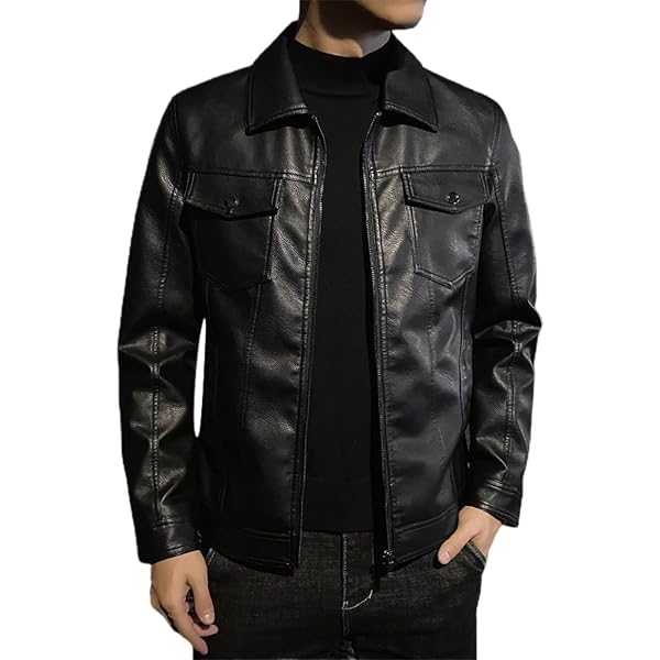 DGHM-JLMY Mens Faux Leather Jacket Four Pocket Vintage Casual Turn