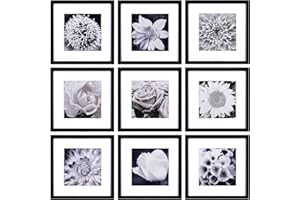 Yaetm 12x12 Picture Frames Black Set of 9, Square Photo Frame Displays 8x8 with Mat or 12x12 without Mat, Gallery Wall Frame Set for Wall Hanging