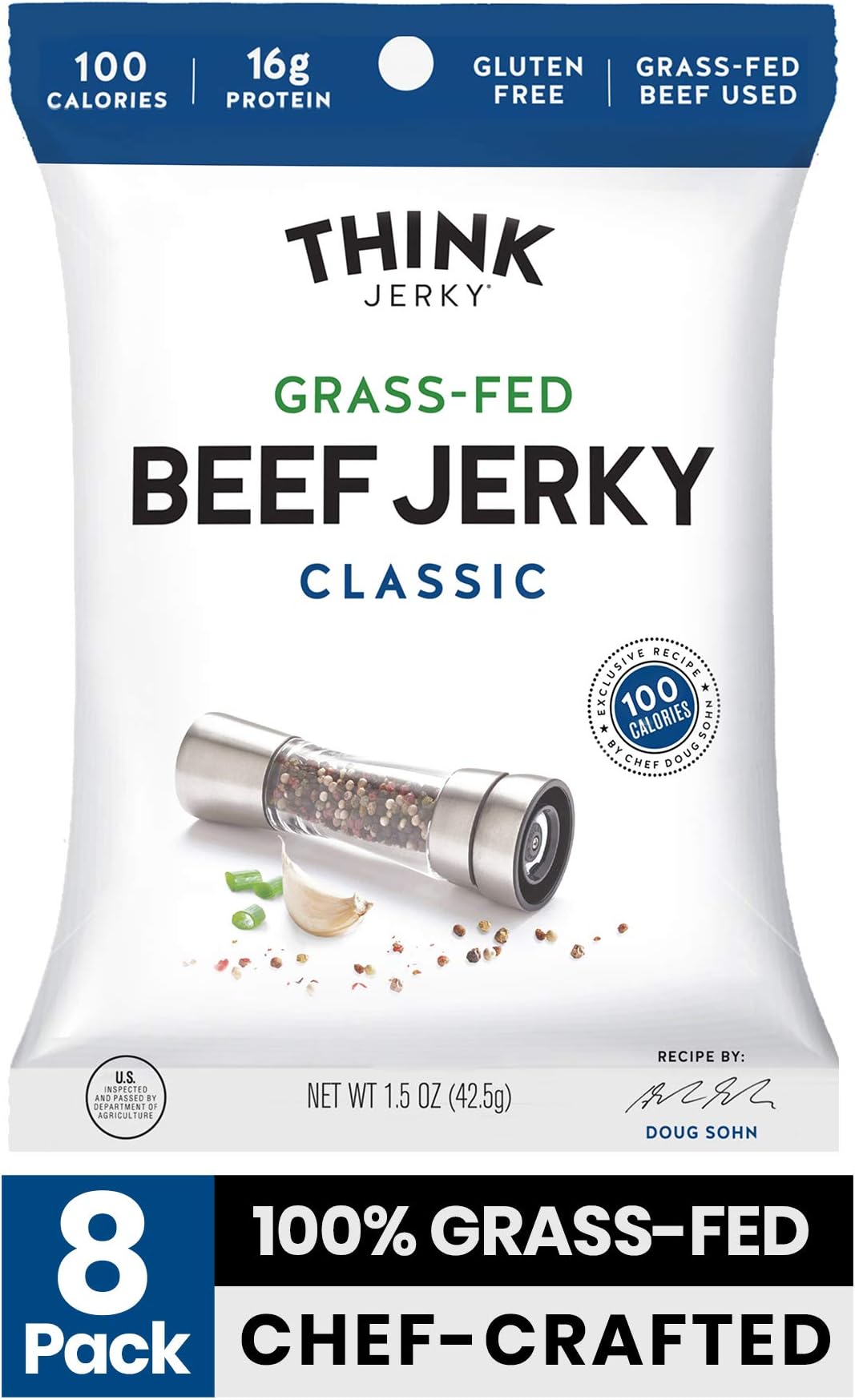 Classic Beef Jerky by Think Jerky — Delicious Chef Crafted Jerky — Grass-Fed Beef Free of Gluten, Antibiotics and Nitrates — Healthy Protein Snack Low in Calories, Fat and Salt — 1.5 Ounce (8 Pack)