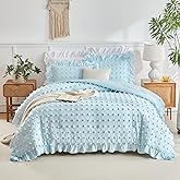 Flysheep Tufted Dots Ruffle Comforter Set Twin Size, 3 Pieces Blue Vintage Farmhouse Shabby Chic Comforters, Jacquard Boho Bohemian Bedding Set for Kids (1 Ruffled Comforter+ 2 Pillow Shams)