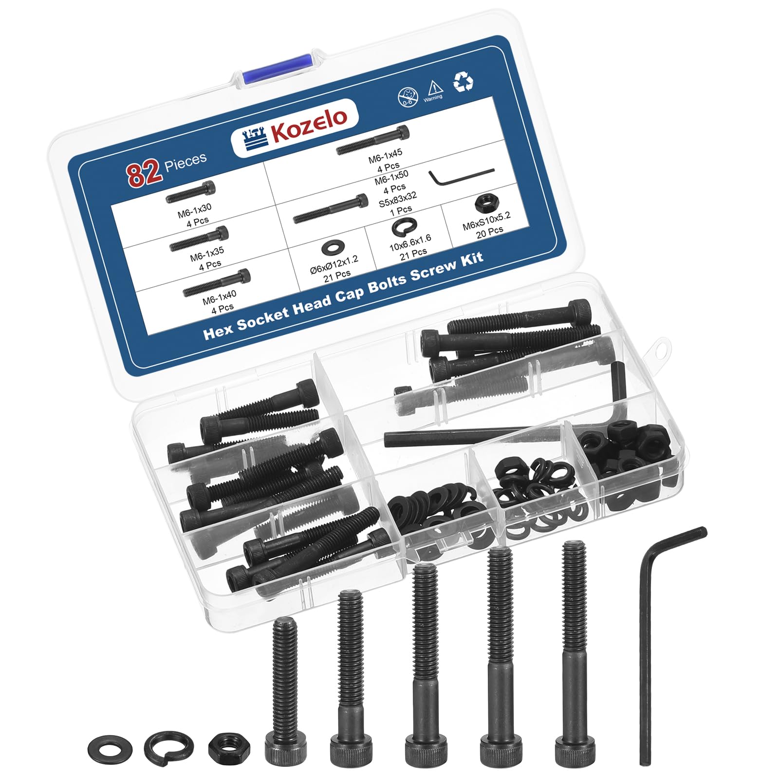 Kozelo 82pcs M6 Socket Head Cap Screws Bolts Nuts Assortment Kit - [M6x30/35/40/45/50mm] Alloy Steel Fully Threaded Black Oxide 12.9 Internal Hex Screw for 3D Printer Use, with Wrench