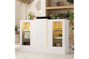 TAMUNE Reception Desk with Lights, Front Counter Table with Glass Shelves, Keyboard Tray, Reception Room Table, Counter Desk for Checkout, Lobby Salon Store, White 20.3”D x 59.1”W x 40.6”H