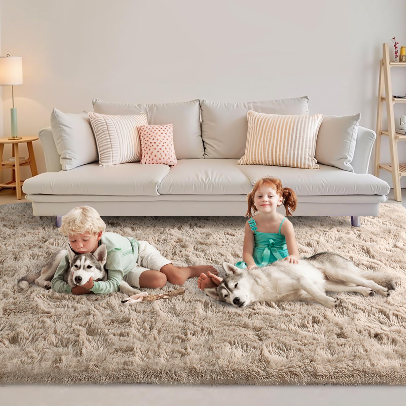 Photo 1 of FinRe?c 5x7 Feet Tan Rugs for Bedroom Living Room, Fluffy Plush Area Rug, Non-Slip High Pile Shaggy Rug for Kids Room Dorm Room Home Decor, Indoor Solid Shag Floor Carpet