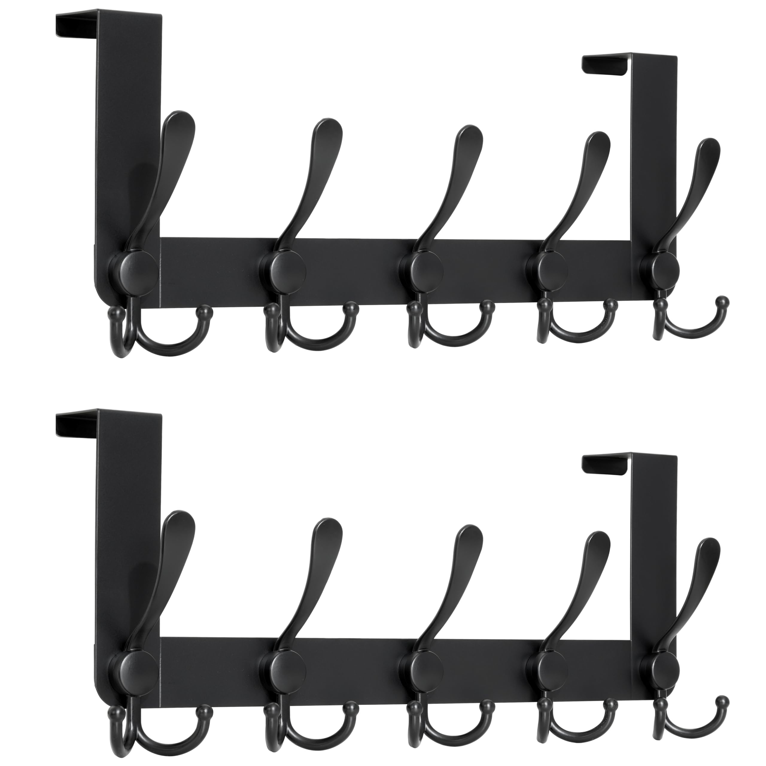 HONSKY Over Door Hook- Stylish,5 Triple Hooks Sturdy Over Door Hanger,Metal Durable Door Towel Rack for Hanging Coat,Clothes,Jacket,Black (2 Pack)