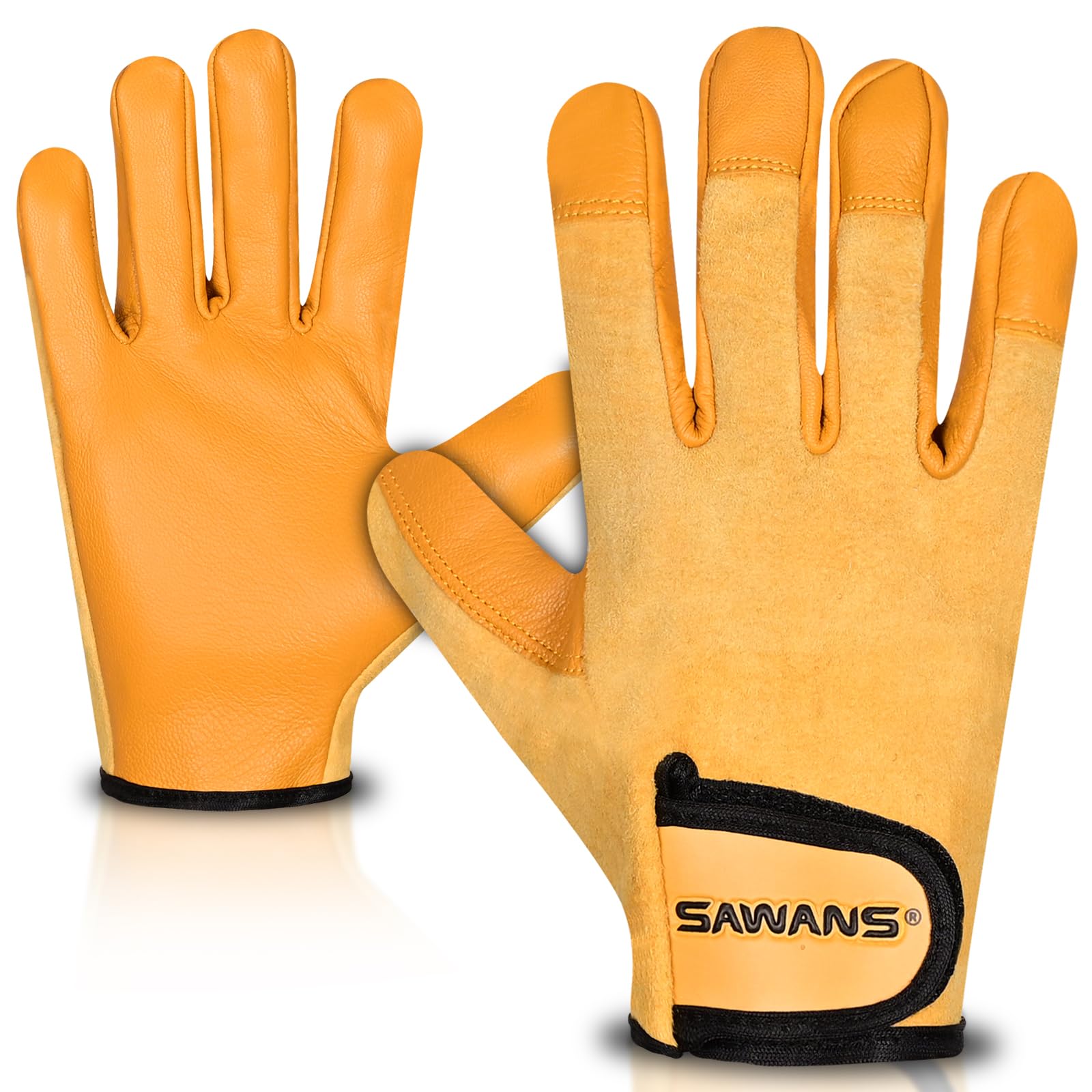 SAWANS Leather Working Gardening Gloves for Men Women Thorn Proof Flexible Breathable Heavy Duty Rigger Mechanic Protective Garden Gloves Multi-Purpose Work Gloves Utility Gripper (Yellow, L)