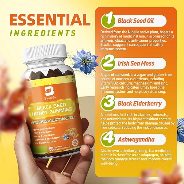 (2 PACK) BLACK SEED OIL SEA MOSS GUMMIES WITH ASHWAGANDHA, BURDOCK ROOT, LINDEN HONEY, ELDERBERRY, TURMERIC, VITAMIN C, D3 & ZINC – SUPPORTS IMMUNITY, JOINTS, DIGESTION, HAIR & SKIN, VEGAN GUMMIES 120