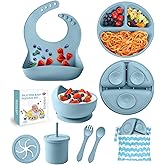 Silicone Baby Feeding Set, 10 Pcs Baby Led Weaning Supplies Baby Eating Essentials Set with Suction Bowl Divided Plate Adjustable Bib Soft Spoon Fork Cup with Lid Drinking Cup, Travel Bag (Blue)